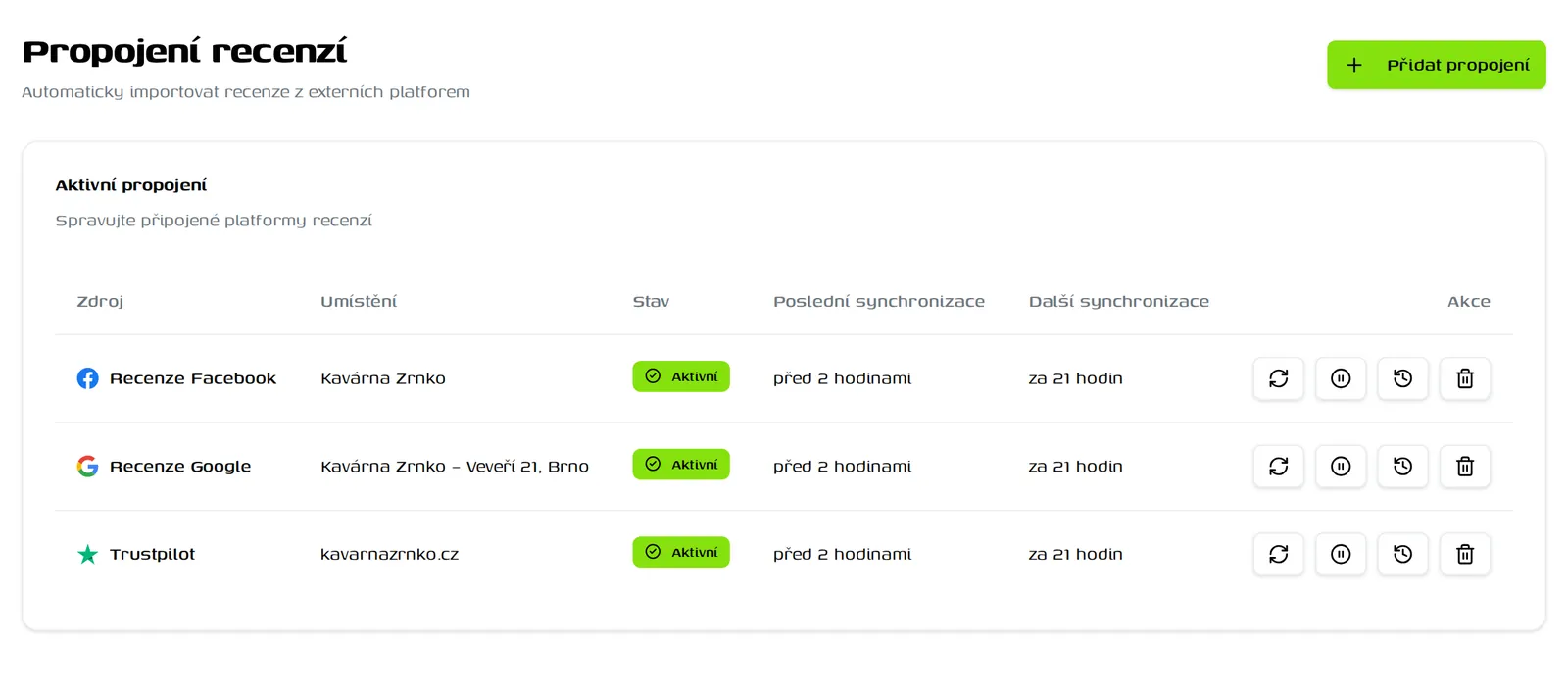 Propojení s Googlem, Facebookem a Trustpilotem