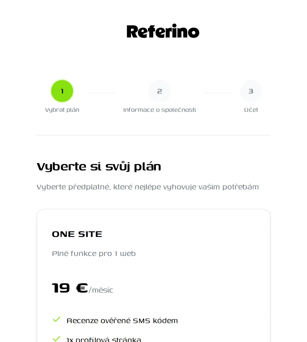 Registrace do Referina – výběr balíčku