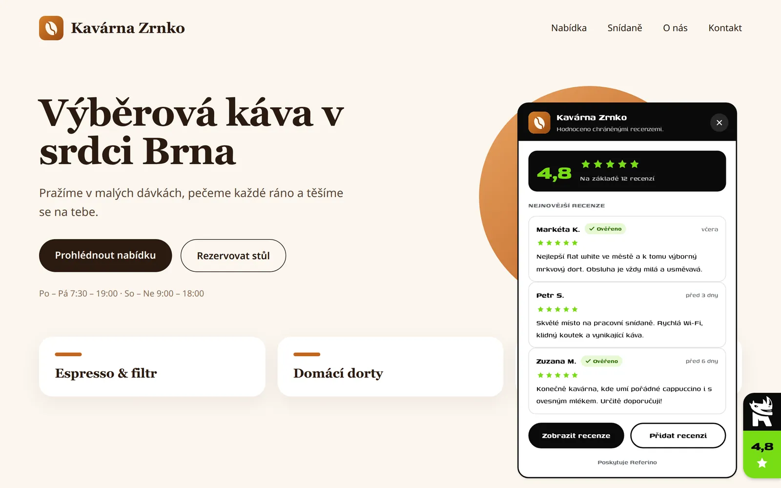 Widget Referino s recenzemi na webu kavárny