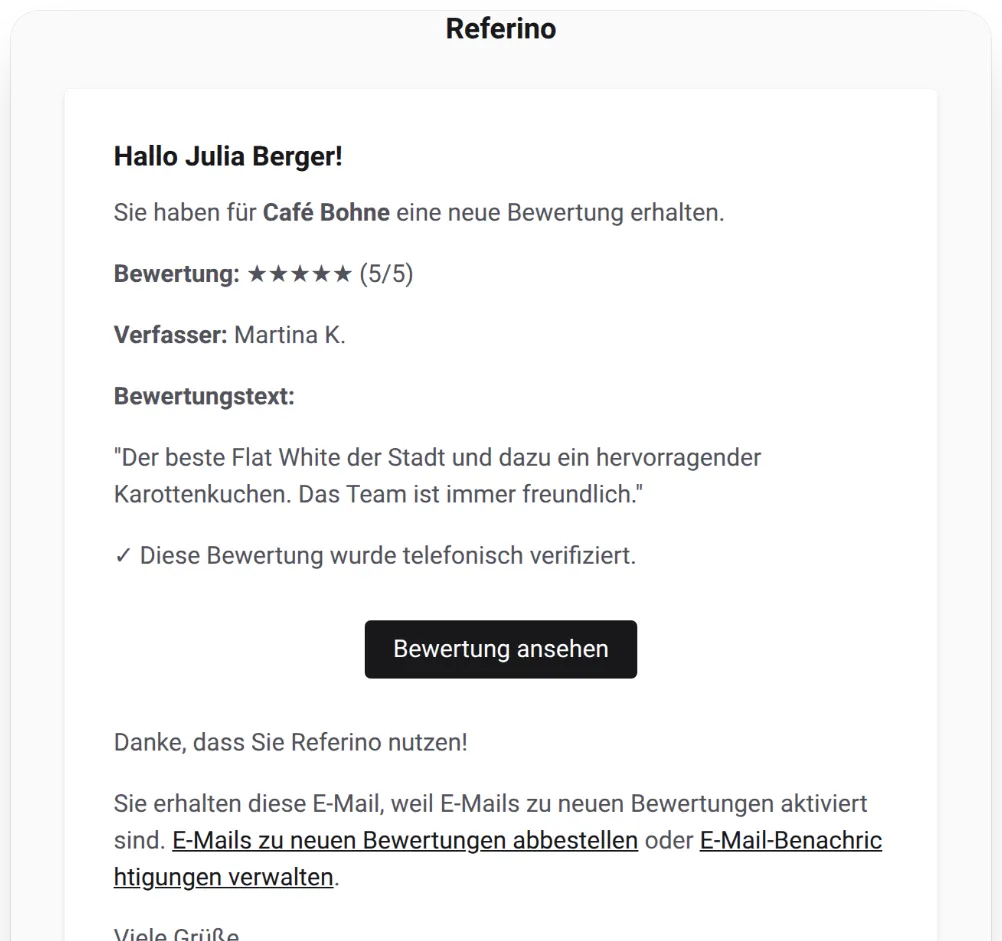 E-Mail über eine neue Bewertung