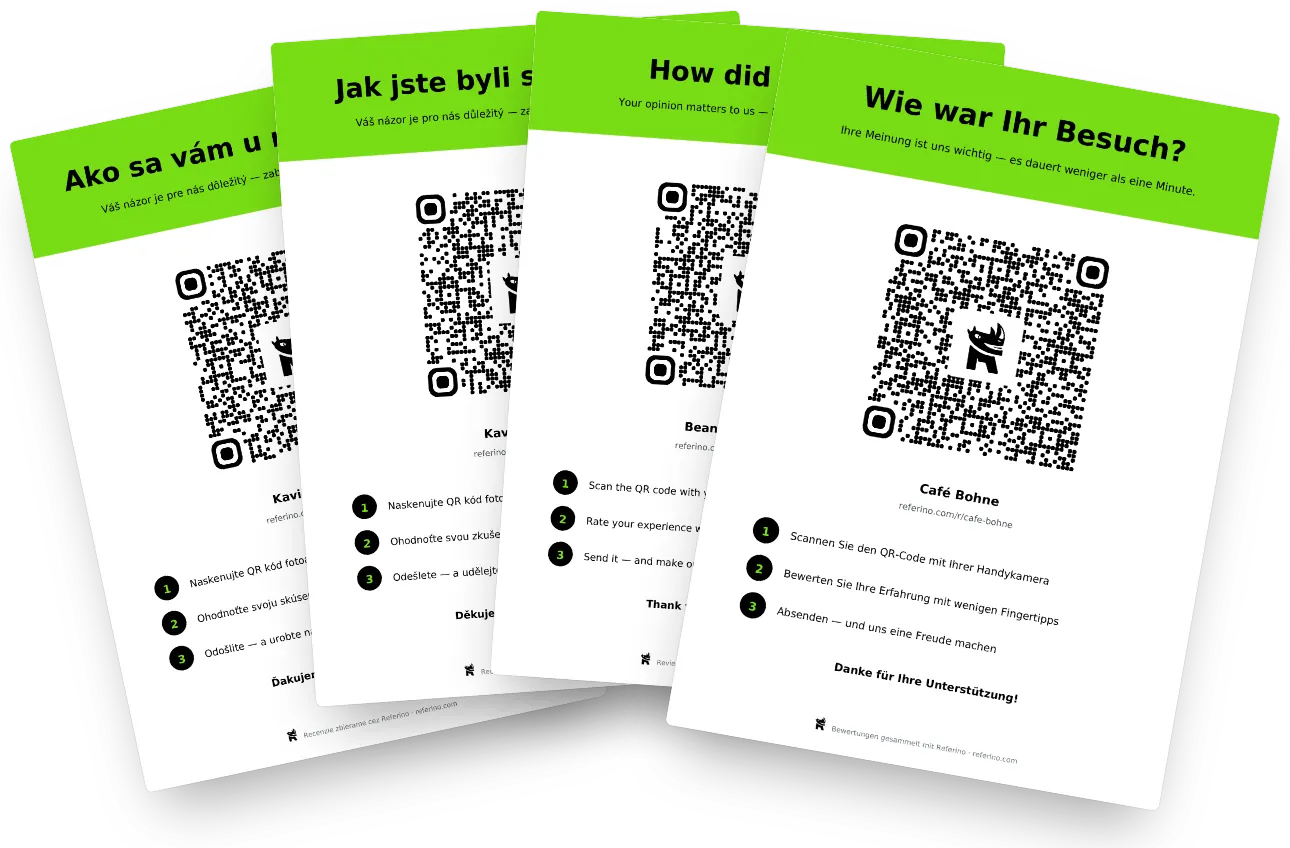 Plakate mit QR-Code auf Slowakisch, Tschechisch, Englisch und Deutsch