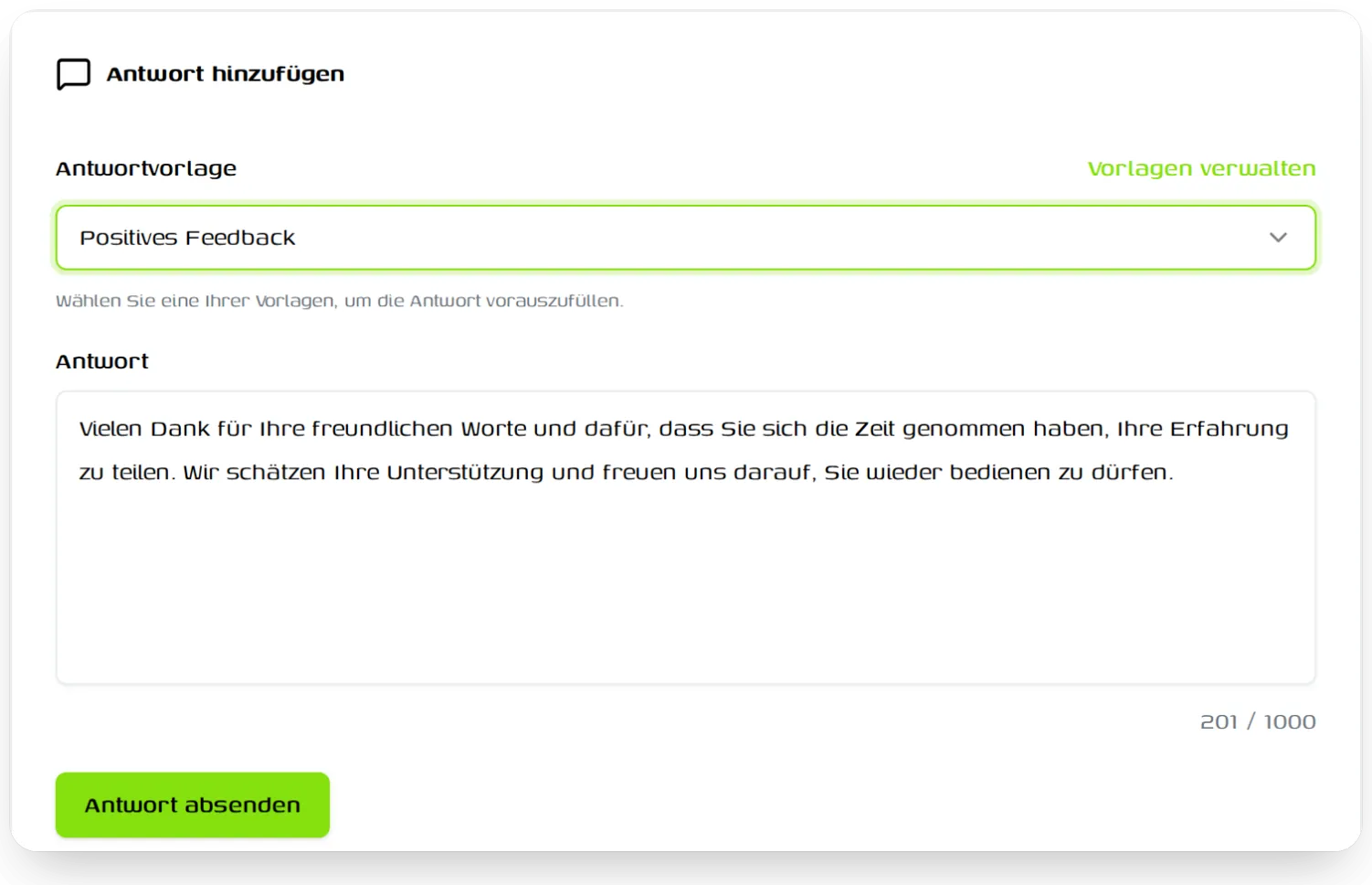 Antwort auf eine Bewertung mit ausgewählter Vorlage