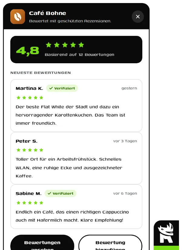 Das geöffnete Referino-Widget mit Bewertungen