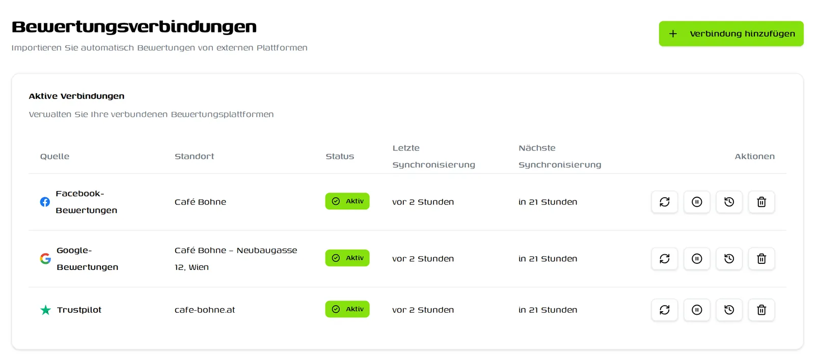 Verbindungen mit Google, Facebook und Trustpilot