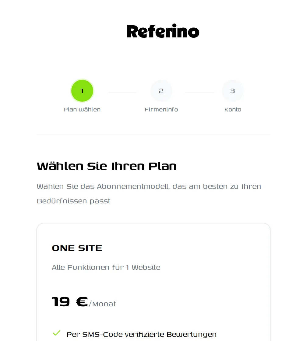 Registrierung bei Referino – Paketauswahl