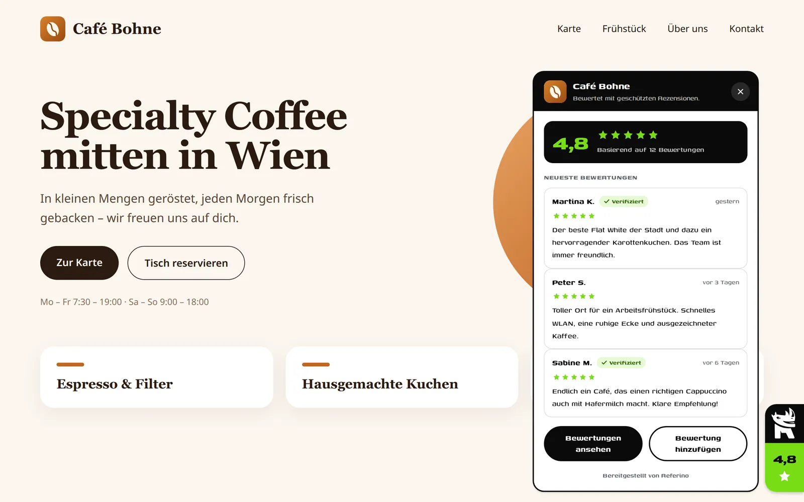 Das Referino-Widget mit Bewertungen auf einer Café-Website