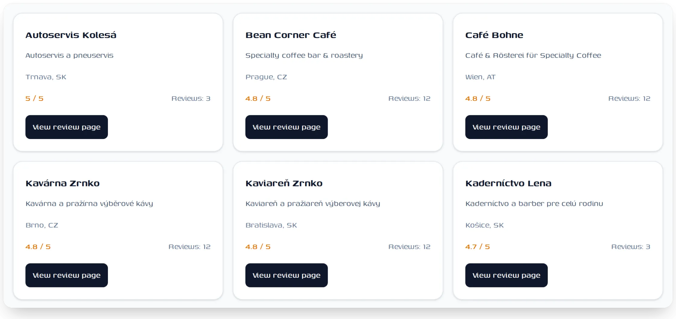 The Referino business catalog with ratings