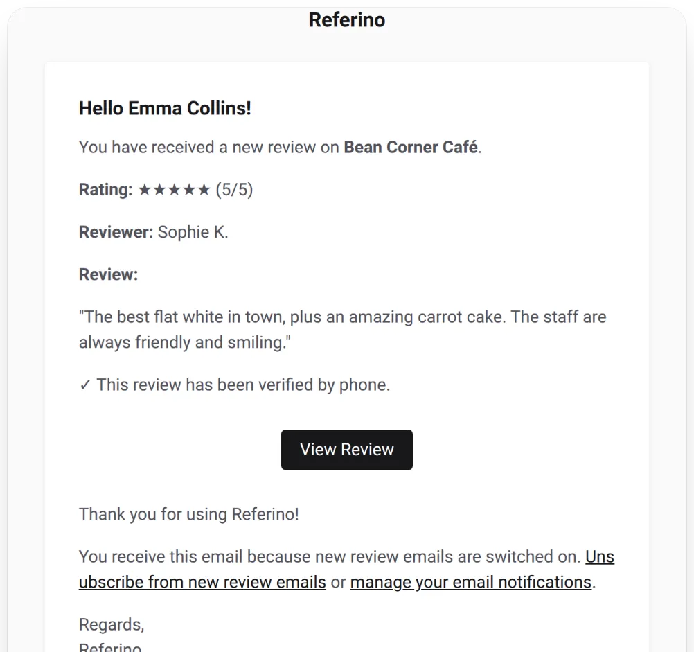 Email about a new review