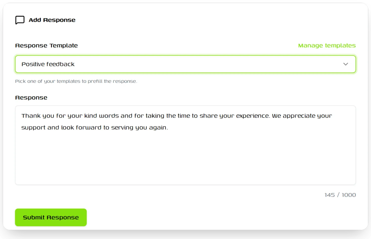 Replying to a review with a selected template