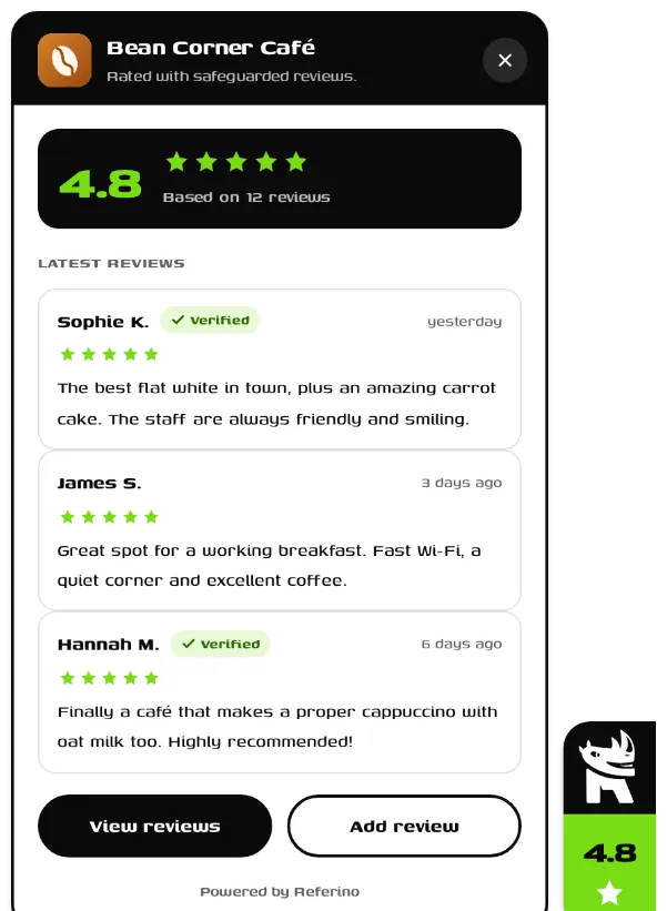 The open Referino widget with reviews