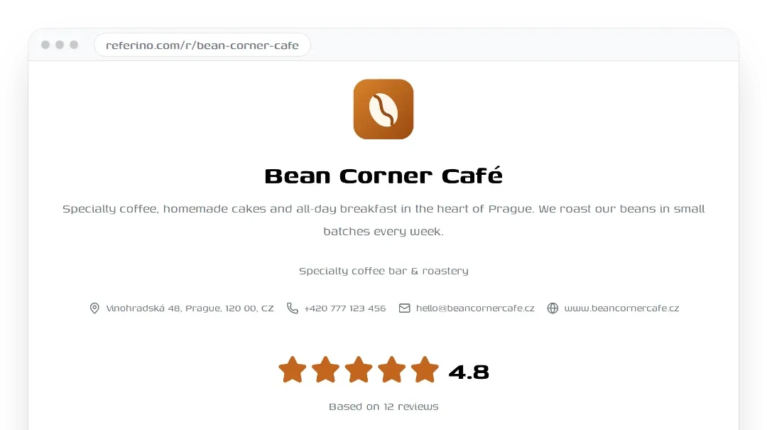 A café profile page with a description, contact details and a 4.8 rating