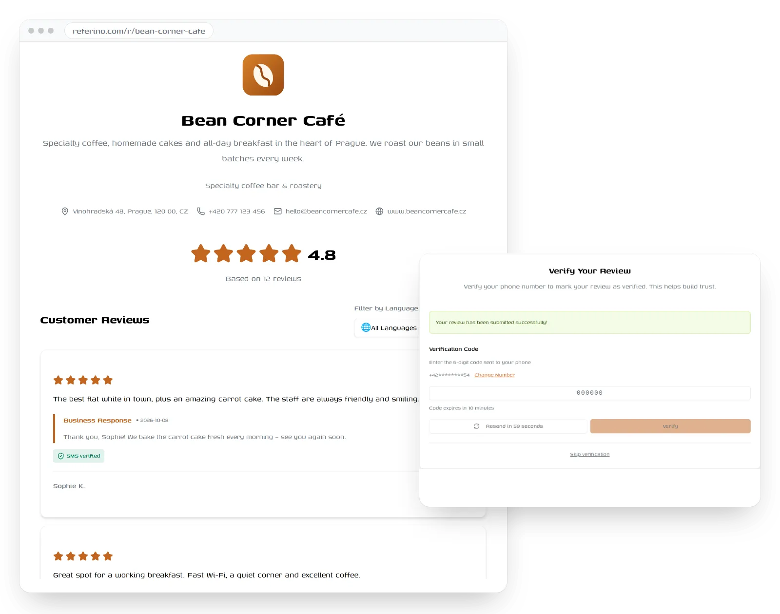 Profile page with reviews and SMS code verification