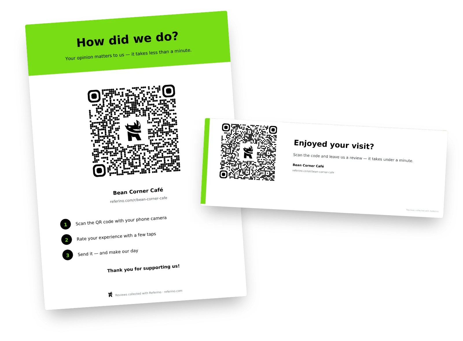 Poster and table tent with a QR code for reviews