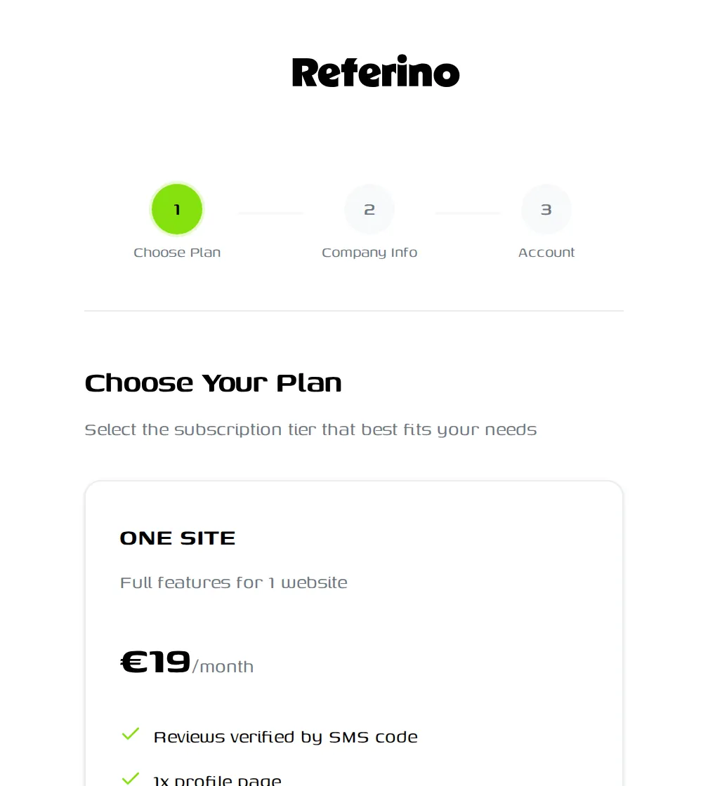 Signing up for Referino – choosing a plan