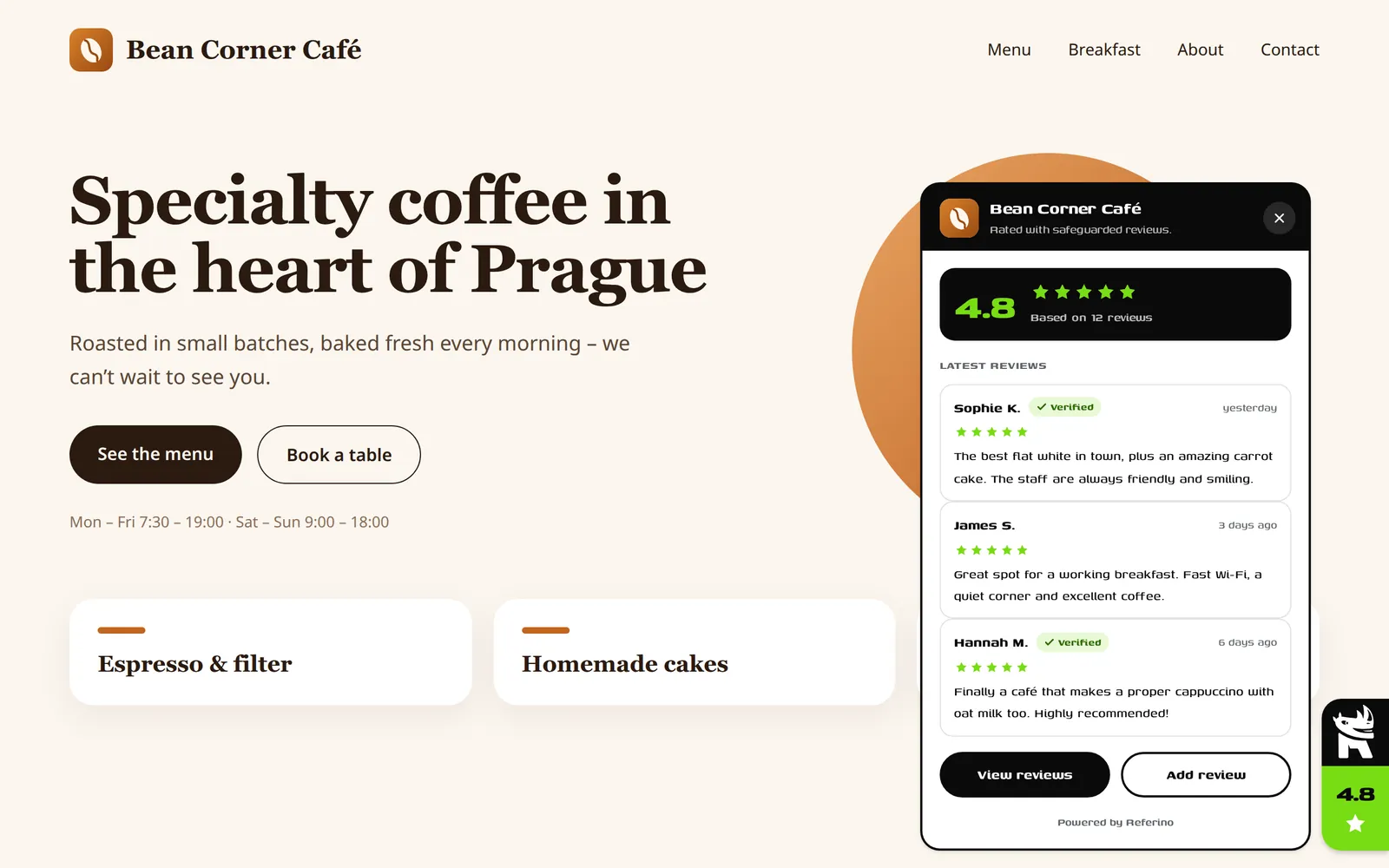 The Referino widget with reviews on a café website