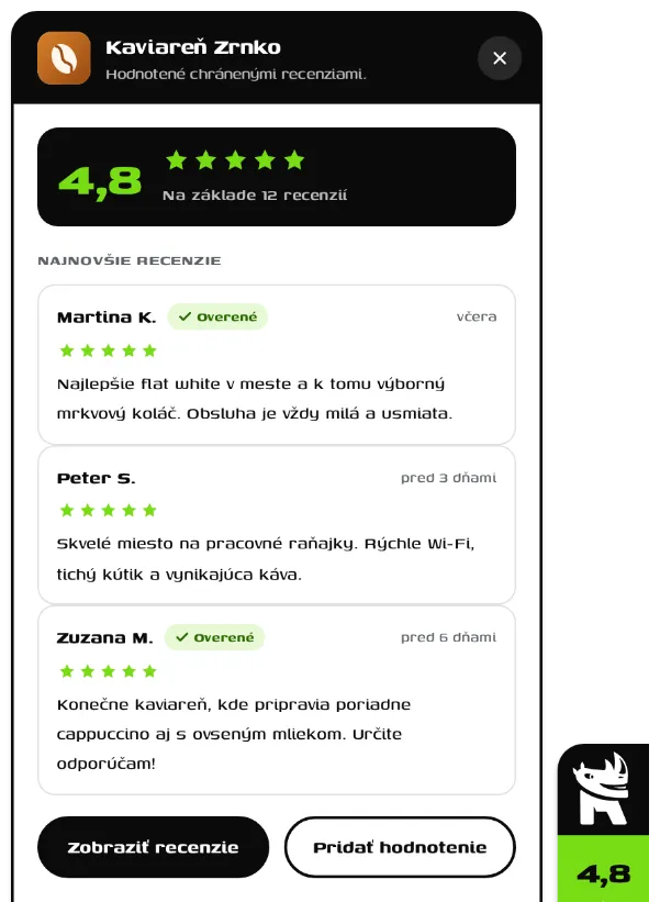 Otvorený widget Referino s recenziami