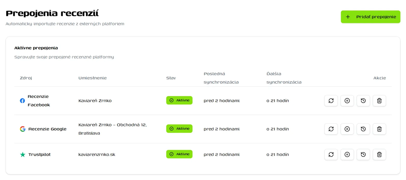 Prepojenia s Googlom, Facebookom a Trustpilotom