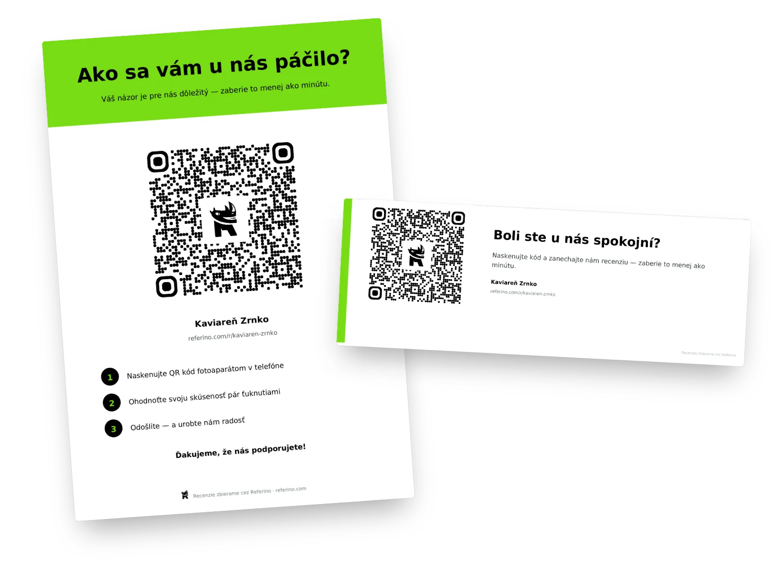 Plagát a stojan na stôl s QR kódom na recenzie