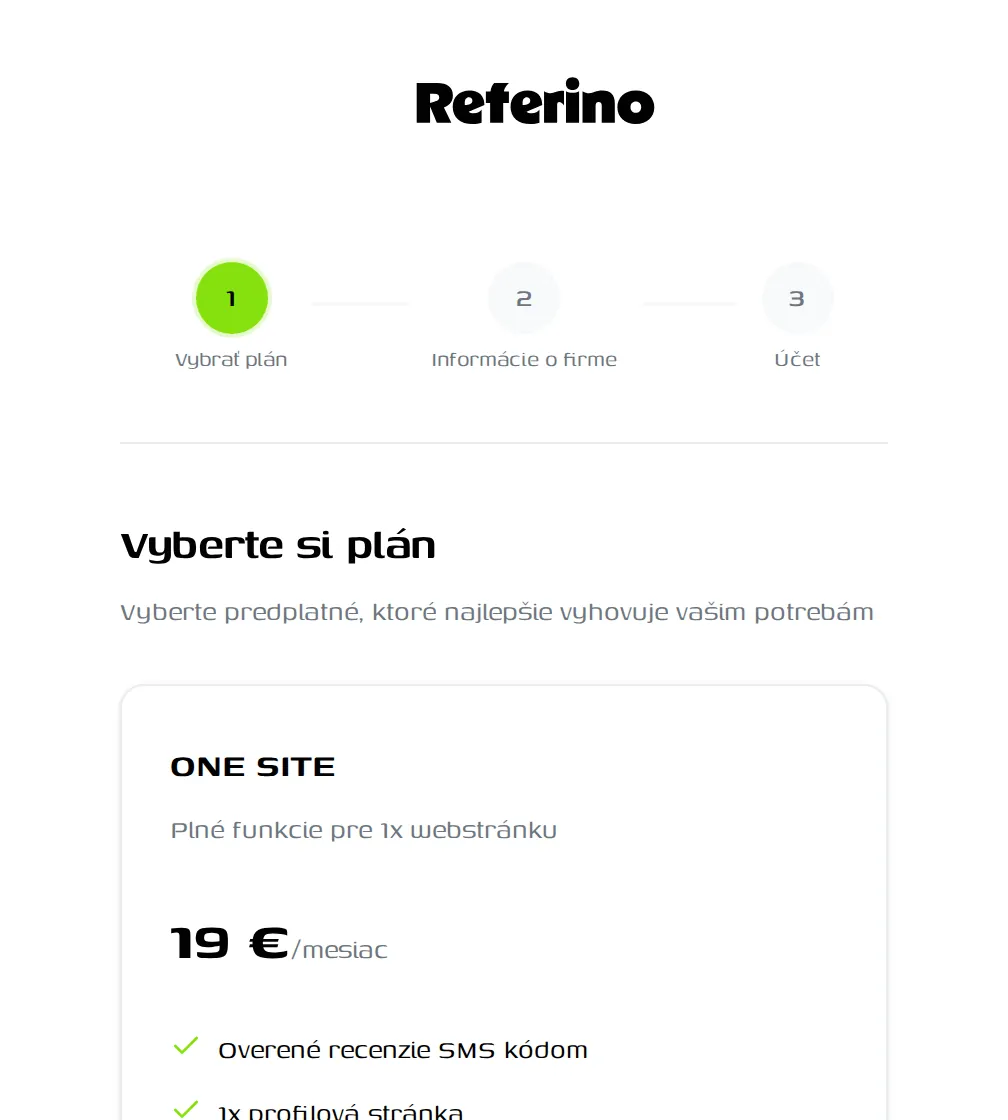 Registrácia do Referina – výber balíka