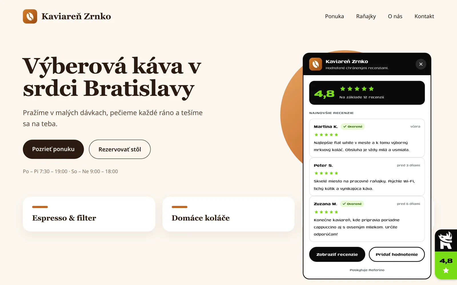Widget Referino s recenziami na webe kaviarne